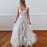 Gorgeous A-line Wedding Dress with Straps Sweetheart Lace Appliques Bridal Dress OKW92