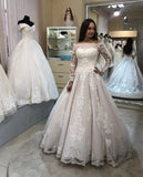 Gorgeous Lace Applique Wedding Dress Boat Neck Long Sleeve Chapel Train A-line Bridal Dress OKW24