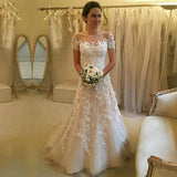 Gorgeous Tulle Wedding Dress Lace Applique A-line Bridal Dress Short Sleeve OKW27