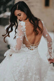 Unique A-line V-neck Long Sleeves Lace Wedding Dresses, Bridal Gowns OK1904