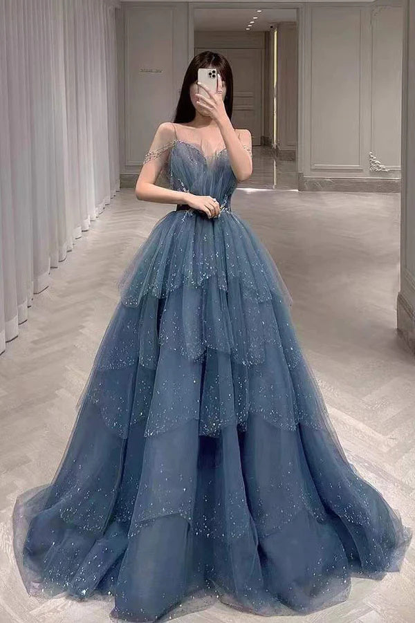 Dusty Blue Sparkly Tulle Beaded Prom Dress, Tiered Formal Gown With Rhinestone OK1932