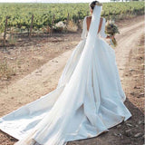 Gorgeous Satin Backless Wedding Dress 3/4 Sleeve Cathedral Train Bridal Dress OKW43