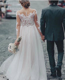 Simple Tulle Lace Applique Wedding Dress 3/4 Long Sleeve Scalloped Floor-Length A-line Bridal Dress OKW16