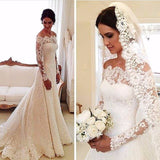 Long Sleeves Lace A-line Boat Neckline Ivory Long Bridal Dresses Wedding Dresses W33