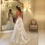 Elegant A line V-neck Tulle Floor Length Wedding Dresses With Lace Appliques OKC94