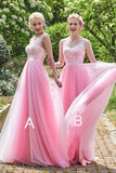 Elegant Pink Tulle A Line Long Bridesmaid Dresses For Wedding OK766