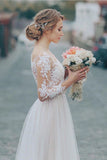 Simple Tulle Lace Applique Wedding Dress 3/4 Long Sleeve Scalloped Floor-Length A-line Bridal Dress OKW16