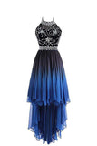 High Low Halter Sleeveless Beading Chiffon Ombre Prom Dresses OKG77