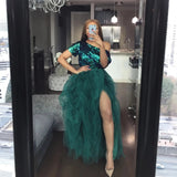 High Slit Tulle Puffy A-line Prom Dress Forest Green Long Ruffles Party Gown OKW47