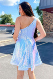 Short Blue One Shoulder Sequined A Line Graduation Homecoming Dress OK1579