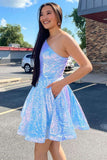 Short Blue One Shoulder Sequined A Line Graduation Homecoming Dress OK1579