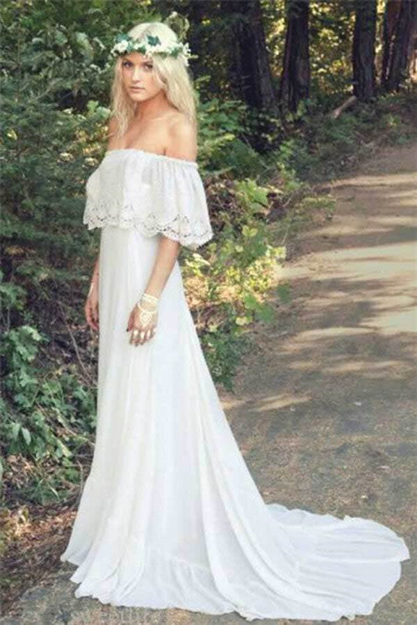 Ivory Chiffon A-line Off-the-Shoulder Bohemian Lace Beach Wedding Dresses OK1814