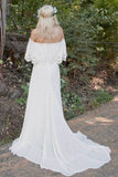 Ivory Chiffon A-line Off-the-Shoulder Bohemian Lace Beach Wedding Dresses OK1814