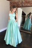 Mint Green Satin A-Line Long Prom Dress Cut Back With Beaded Pockets OK1218