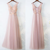 Pearl Pink Lace Top V-neck A Line Floor-length Long Tulle Beautiful Prom Dresses OK877