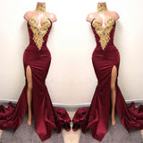 Elegant Burgundy Mermaid Appliques High Neck Split Sexy Prom Dresses OKA83