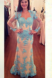 Lace Beading Mermaid Open Back Long Sleeves Modest Prom Dress K100