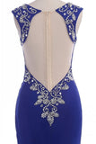 Long Royal Blue V-neck Zipper Back Prom Dresses K105