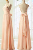 Simple Spaghetti Straps Long Chiffon Backless Bridesmaid Dress with Bow K108