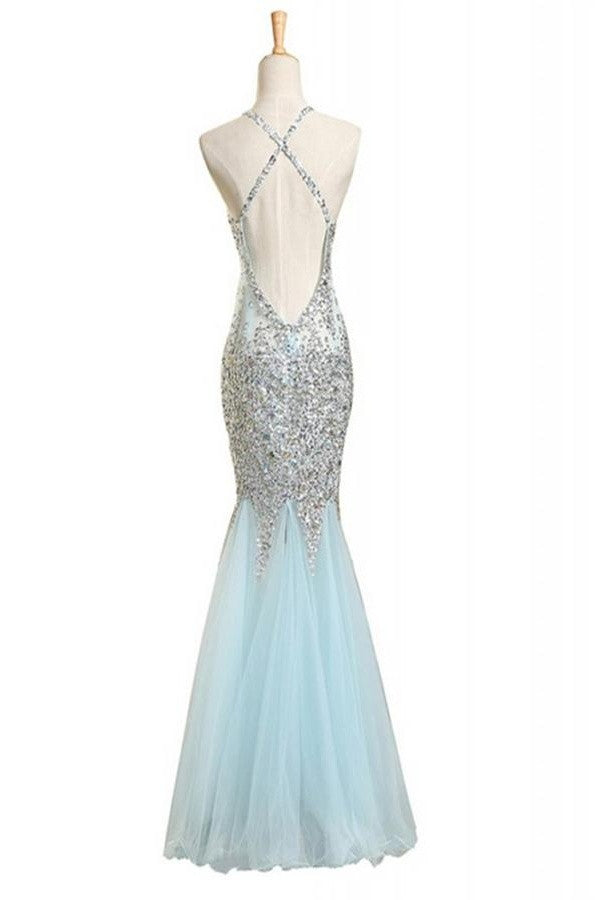 Sequins Shiny Baby Blue Mermaid Long Backless Prom Evening Dresses K111