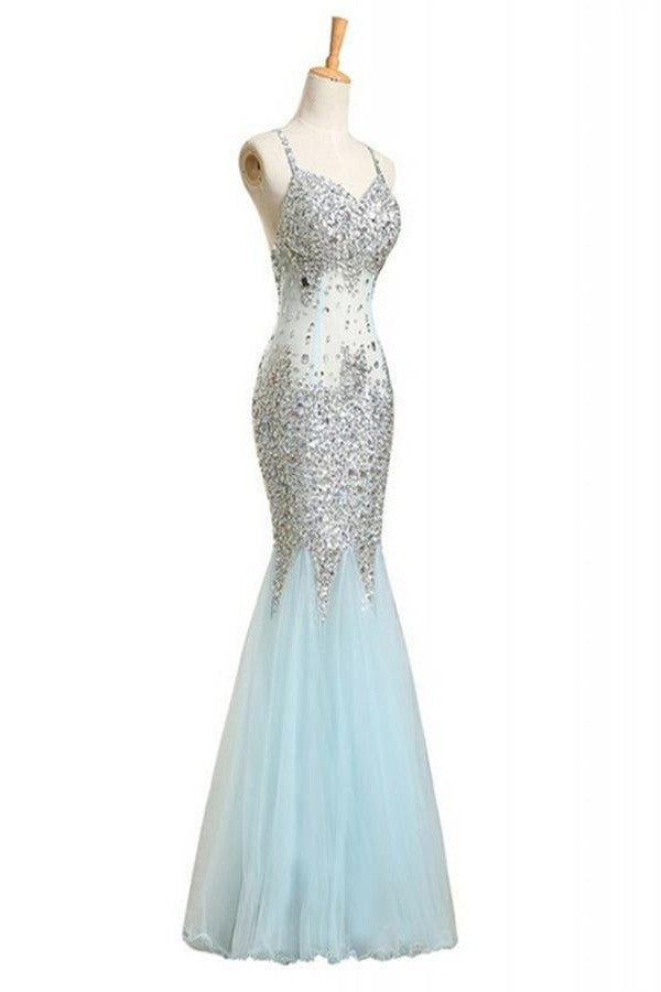 Sequins Shiny Baby Blue Mermaid Long Backless Prom Evening Dresses K111