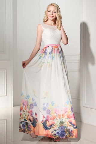 Pretty Long Cap Sleeves Printed Chiffon Charming Prom Dresses K115