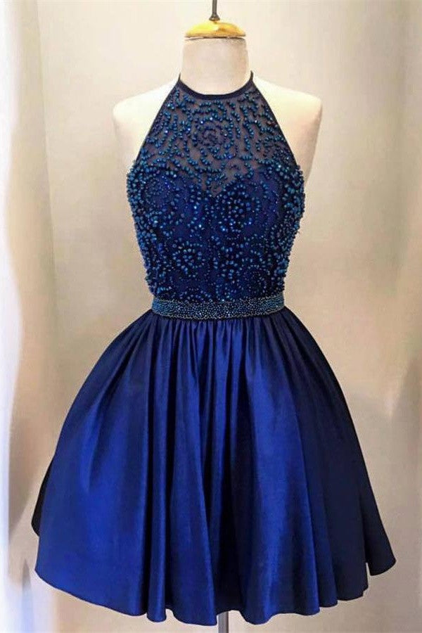 Pretty Halter Beading Short Royal Blue Handmade Homecoming Dress K158