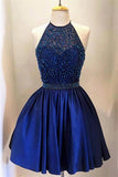 Pretty Halter Beading Short Royal Blue Handmade Homecoming Dress K158