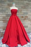 Modest Light Red Strapless Long Beautiful Handmade Satin Prom Dress K174