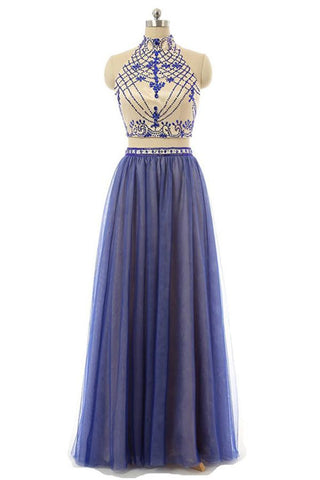 Blue Halter Long Beading 2 Pieces Open Back Prom Dress K104