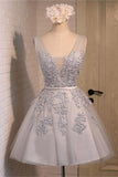 Pretty Charming V-neck Grey Lace Short Homecoming Dress K255