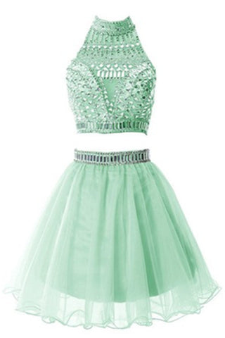 Green Two Pieces Short Halter Beautiful Handmade Homecoming Dress K297