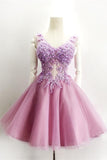 Pretty Pink A-line Lace V-neck Sparkly Homecoming Dress K337