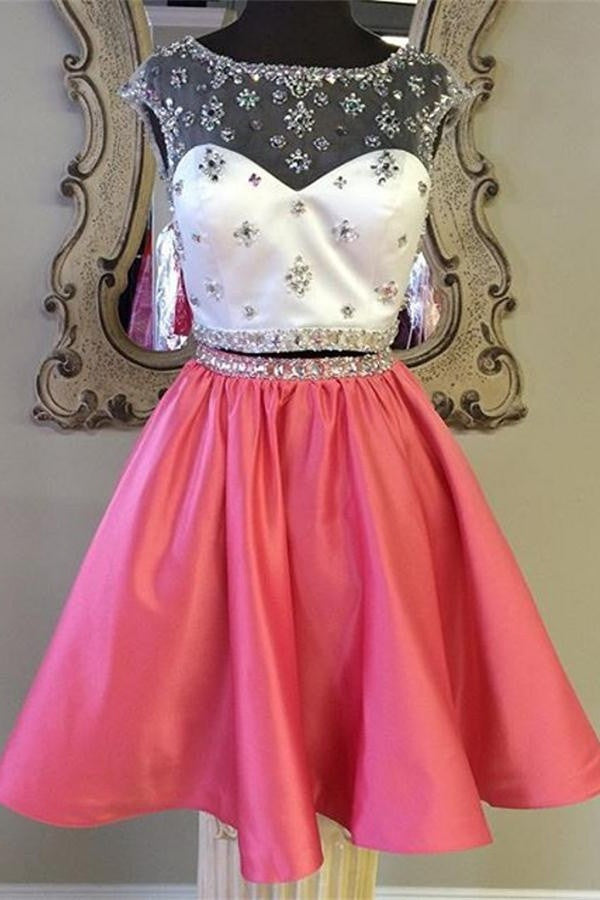 Red Satin Two Pieces Beaded Cute Girly Homecoming Dress K353