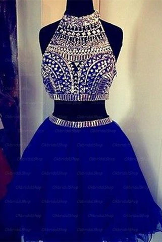 Sparkly Royal Blue Short High Neck Beaded Homecoming Dress K384