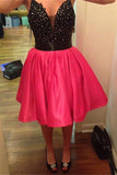 Hot Pink Open Back Short Beading Lace Homecoming Dress K393