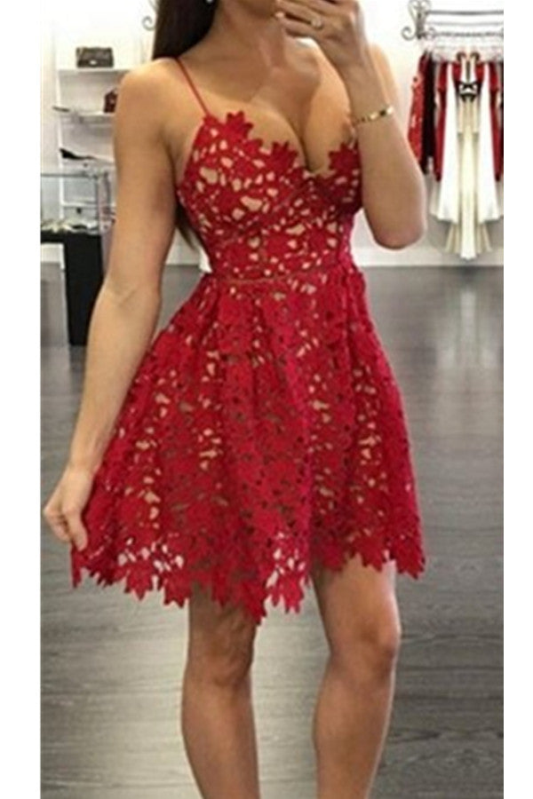 Spaghetti Straps Short Cute Red Lace V-neck Homecoming Dress K400