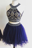Cute Two Pieces Halter Royal Blue Tulle Beading Homecoming Dress K46