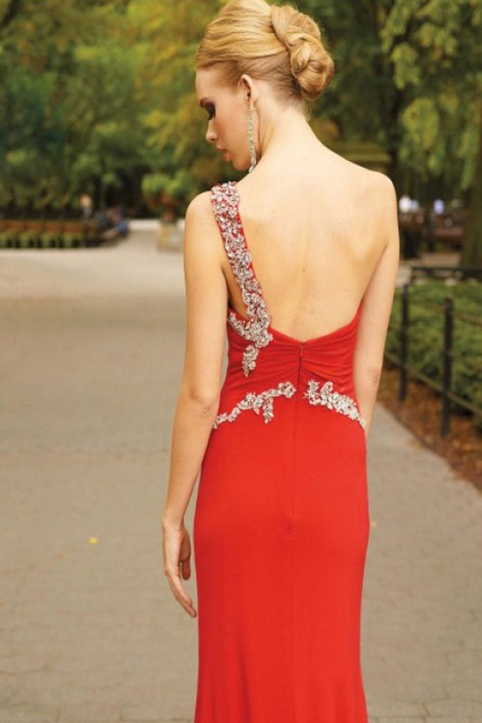 Front Split One Shoulder Red Beading Long Backless Prom Dress K51