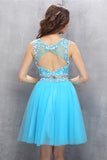 Light Blue Beaded Open Back Short Tulle Homecoming Dress K577