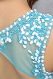 Light Blue Beaded Open Back Short Tulle Homecoming Dress K577