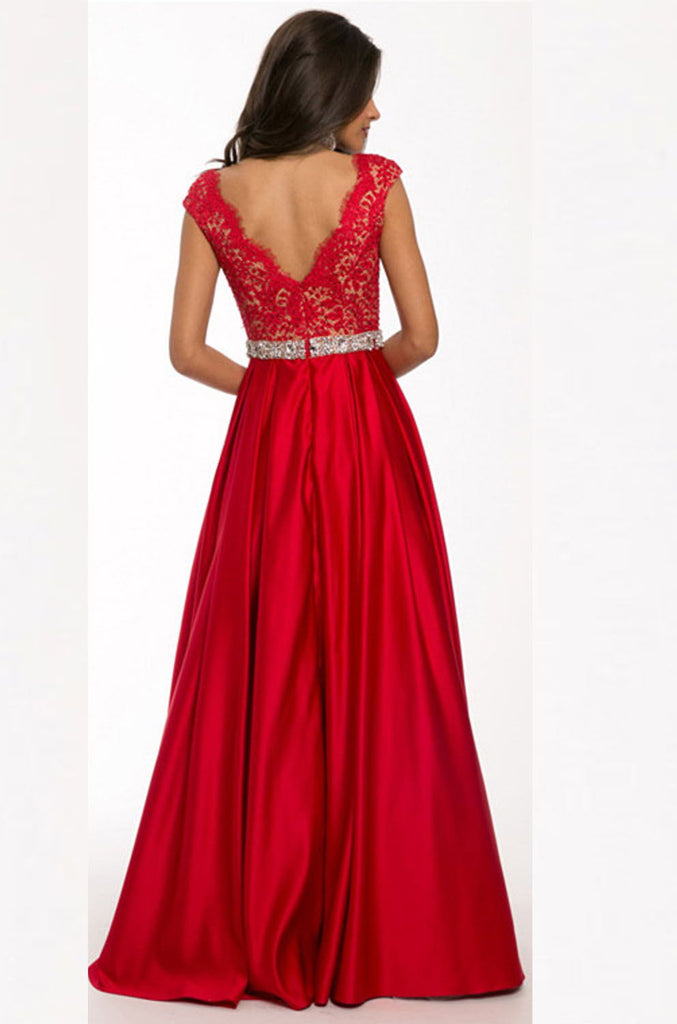 Sexy V-neck Long Satin Lace Red Simple Open Back Prom Dress K94