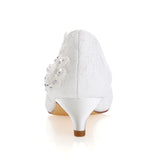 Chic Ivory Low Heels Rhinestones Wedding Shoes with Lace Appliques L-923