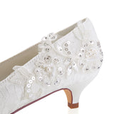 Chic Ivory Low Heels Rhinestones Wedding Shoes with Lace Appliques L-923