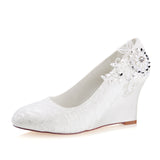 Ivory Wedge Lace Wedding Shoes with Beading, Charming Woman Shoes L-932