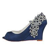 Dark Blue Wedge Wedding Shoes with Rhinestones,Elegant Wedding Party Shoes, L-933