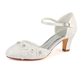 Ivory Ankle Straps Wedding Shoes with Rhinestones, Lace Wedding Party Shoes L-938