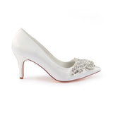 Ivory High Heels Wedding Shoes with Rhinestones, Cheap Satin Wedding Party Shoes L-940