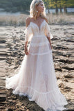 Off Shoulder A-line Lace Appliqued Boho Wedding Gown Beach Bridal Gowns OKV66