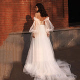 Off The Shoulder A Line Tulle Beach Wedding Dresses Sweetheart Puffy Sleeves Corset Princess Wedding Gown OKW15